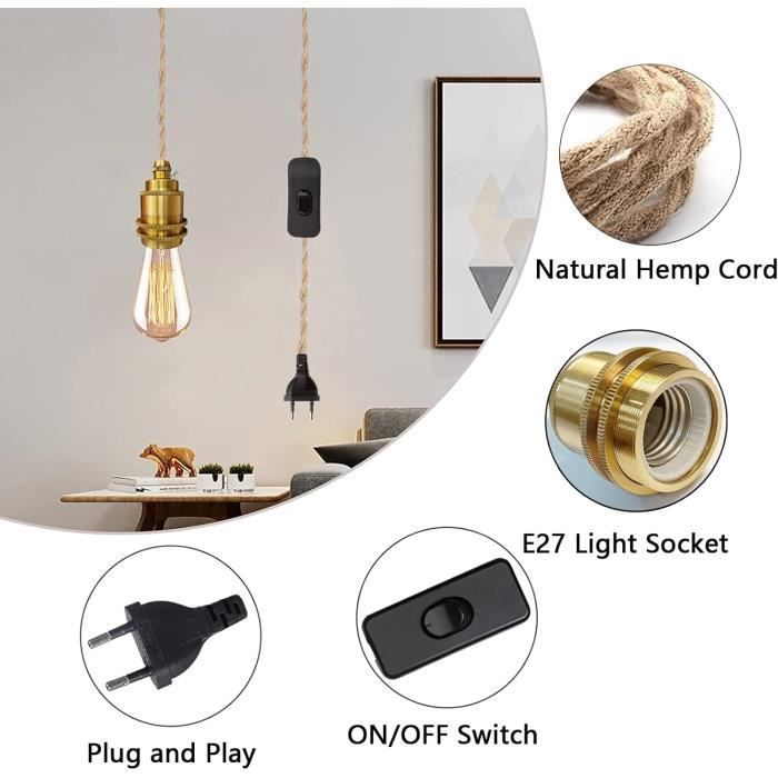 Lustre - Vintage - Corde De Chanvre - Métal Et Céramique - 180 Cm - E27 60W