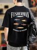 Men's Fishing Heat Transfer Print T-Shirt - Black with "Fisherman" Back Print - Lightweight Summer Fishing Travel Short Sleeve