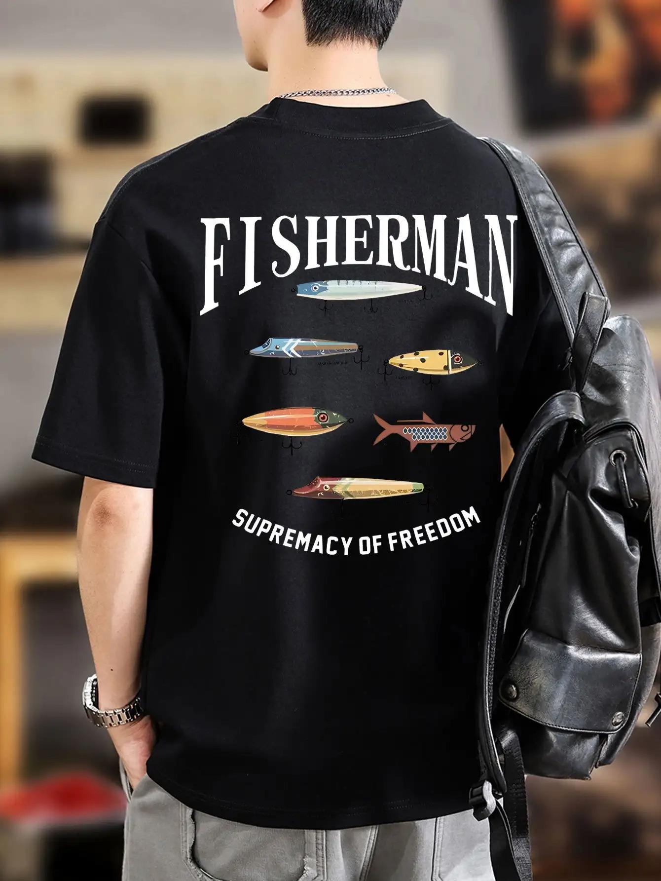 Men s Fishing Heat Transfer Print T-Shirt - Black with Fisherman Back Print - Lightweight Summer Fishing Travel Short Sleeve S