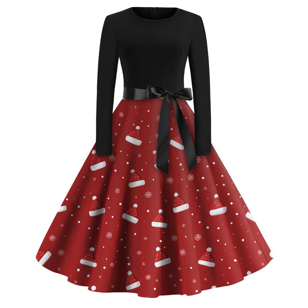 Dámské módní kulaté ležérní slim fit šaty s vánočním potiskem, velké kolové, s dlouhým rukávem