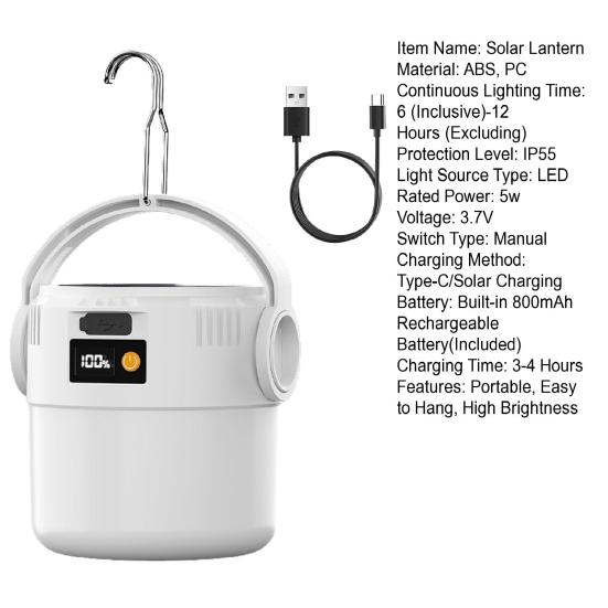 Outdoor Solar Hanging Lantern USB Rechargeable IP55 Waterproof Ultra Bright Camping Light with Hook Hiking Tent Hanging Emergency Lamp