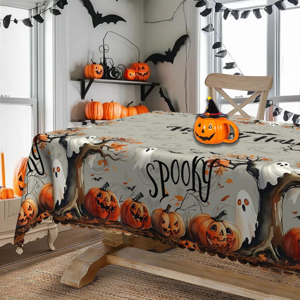 Halloween Themed Tablecloth, Round, Orange Pumpkin Ghost Bat Pattern, Halloween Party Table Cloth