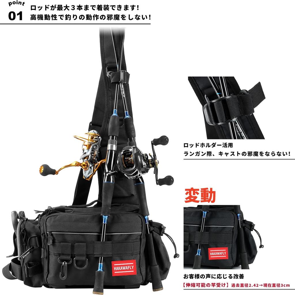 HAKAWAFLY Fishing Bag with 2 Rod Belts and 5 Carabiners Large Bag 5-Way - Waterproof, Multifunctional, Capacity, Run-and-Gun (Black)
