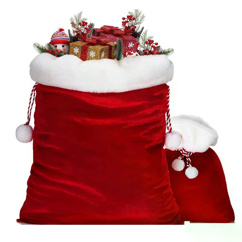 Plüsch Weihnachts-Nikolaussack Kordelzug mit Pompon für Kinder Luxus Weihnachtsgeschenktasche Frohe Weihnachten