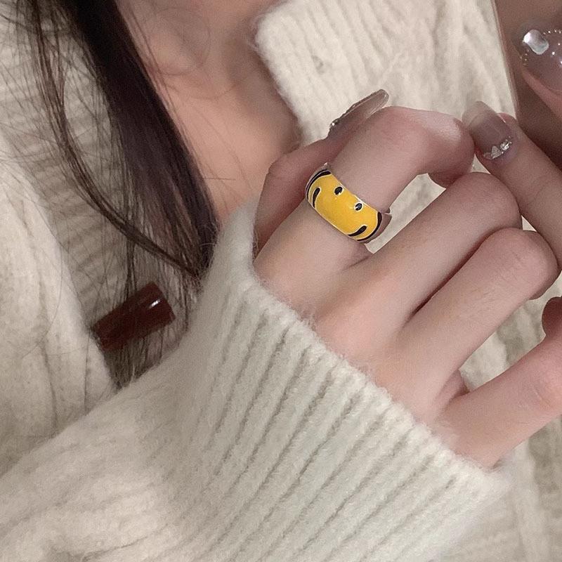 Stylish Korean Yellow Smiley Face Ring For Women Adjustable Geometric Design Fashionable
