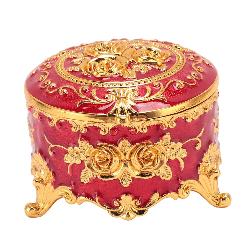 Vintage Metal Jewelry Box Round Exquisite Hand Carved Gold Flower Pattern Trinket Organizer for
