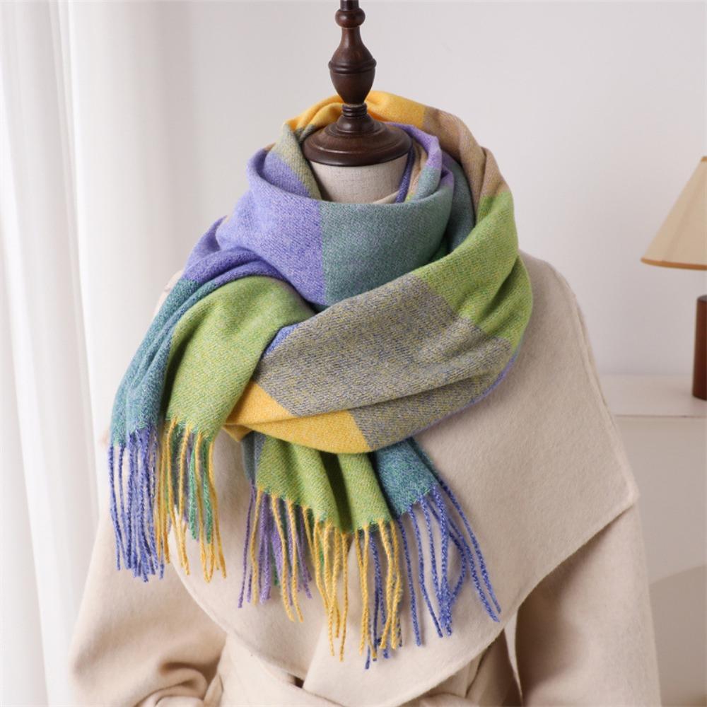 

Luxury Rainbow Color Cashmere Shawl Plaid Pattern Neck Protection Winter Scarf Tassel Warm Scarf