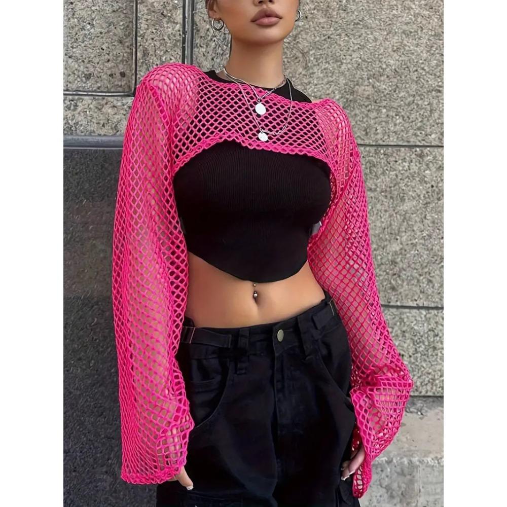 Mesh Solid Color Hollow Top Spring and Autumn Long-sleeved Hollow Ultra-short Casual T-shirt for Women
