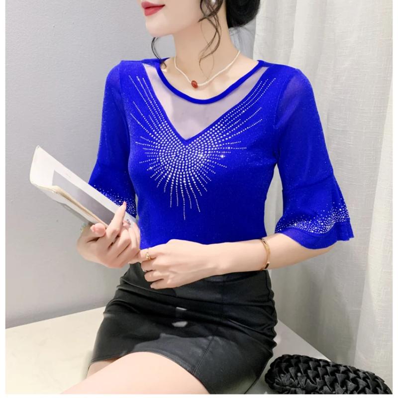 Summer New Women's Flare Sleeve T-shirt O-Neck Luxury Diamonds Tops High Quality Girl Shiny Mesh Tees