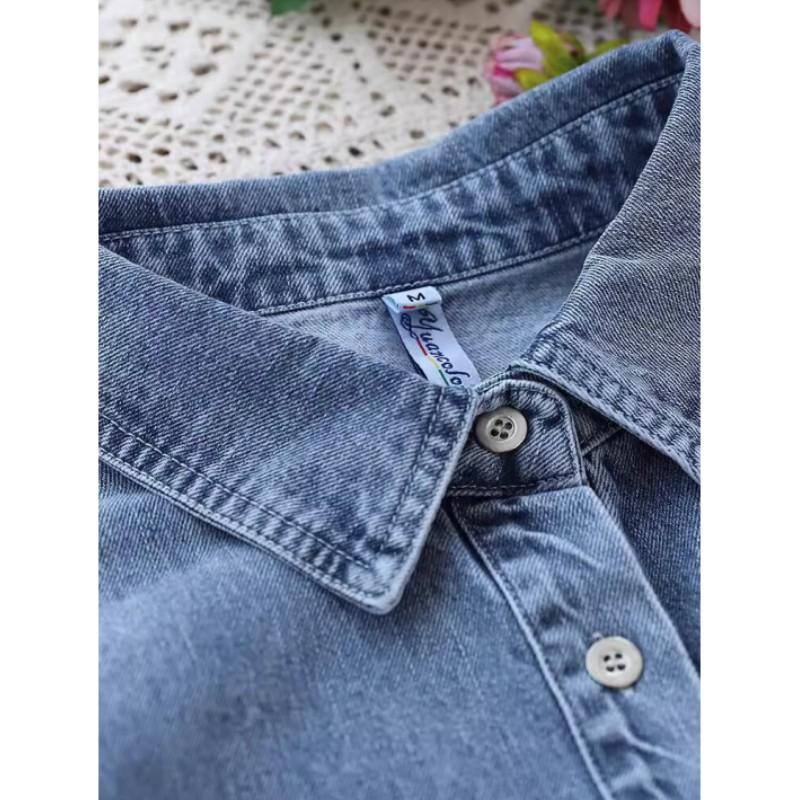 Women's Spring and Autumn Long Sleeve Casual Denim Shirt Design Single Button Polo Collar Blouse
