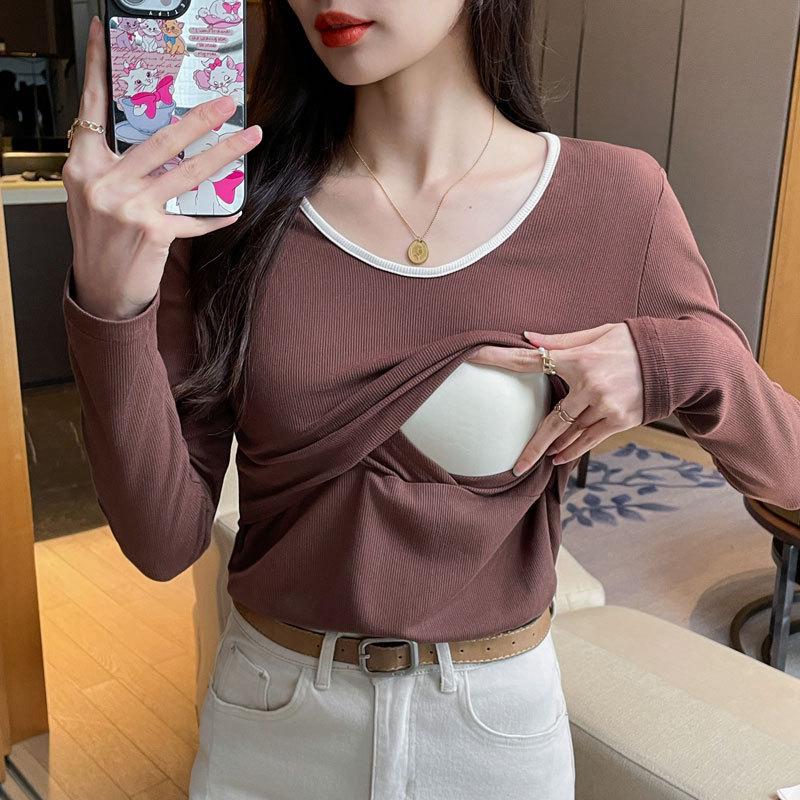 Early Spring Pure Cotton Nursing T-Shirt: Versatile Slimming Postpartum Breastfeeding Maternity Top 2XL
