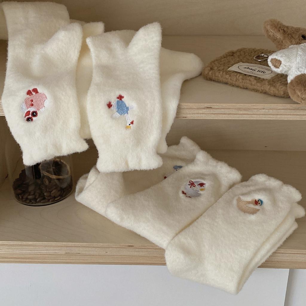 Australian Fleece Socks Winter Women'S Warm Heat Storage Plush Thickened Home Cute Mid-Leg Socks Embroidered Goose Feather Socks