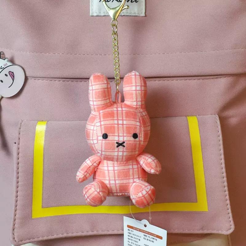 Vintage Plaid Miffy Bunny Plush Keychain Soft Fluffy Cartoon Rabbit Keyring Portable Nijntje Handbag Backpack Pendant Girly Gift