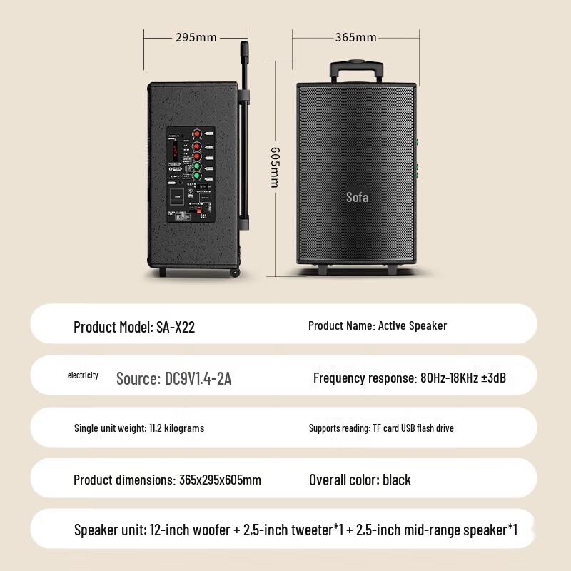 Suoai 12-inch Portable Wooden Bluetooth Karaoke Trolley Speaker