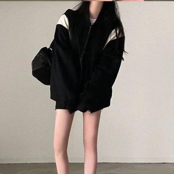 Women's Colorblock Baseball Cardigan: Retro Loose Sweatshirt Jacket, Fleece-Lined for Early Spring/Autumn, 2025 Collection