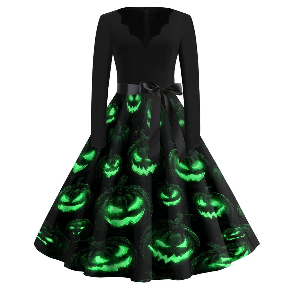 Women's Casual Halloween Dress V Neck Long Sleeve Retro Style Vintage Ghost Print Midi Dress with Waist Tie for Daily Wear