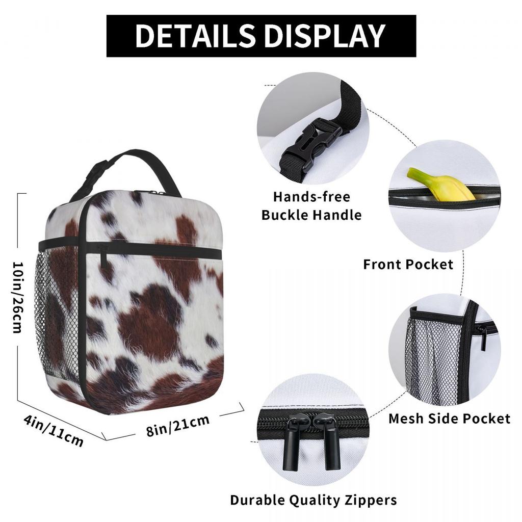 Brown White Cowhide Pattern Insulated Lunch Bag for Kids School Cooler Thermal Food Box Tote Portable Lunch Boxes Container