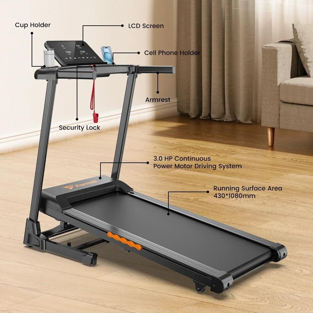 Formill FT61 3.0 Horsepower Folding Treadmill, 15° incline, 13.5 km/h, 17×43 inch belt, 300 lbs load, quiet, LCD, home shock absorption