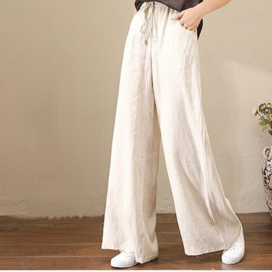 Women Spring Summer Cotton Linen Pants Casual Elastic Waist Wide Leg Trousers Fashion Loose Long Pants