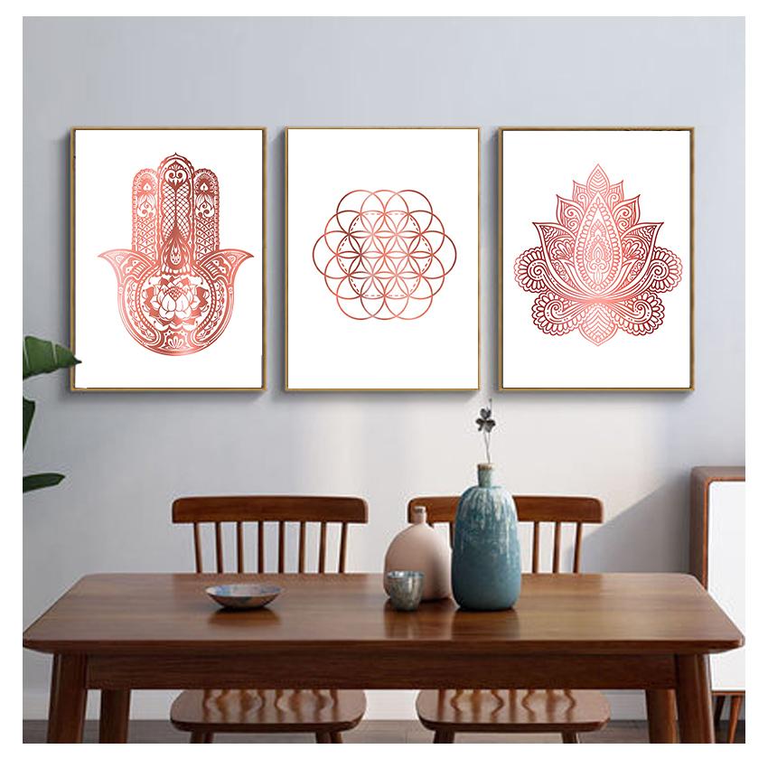 Wall Painting Decoration Picture Modern Room Decor Yoga Art Print Rose Gold Wall Art Flower of Life Poster Hamsa Canvas Painting