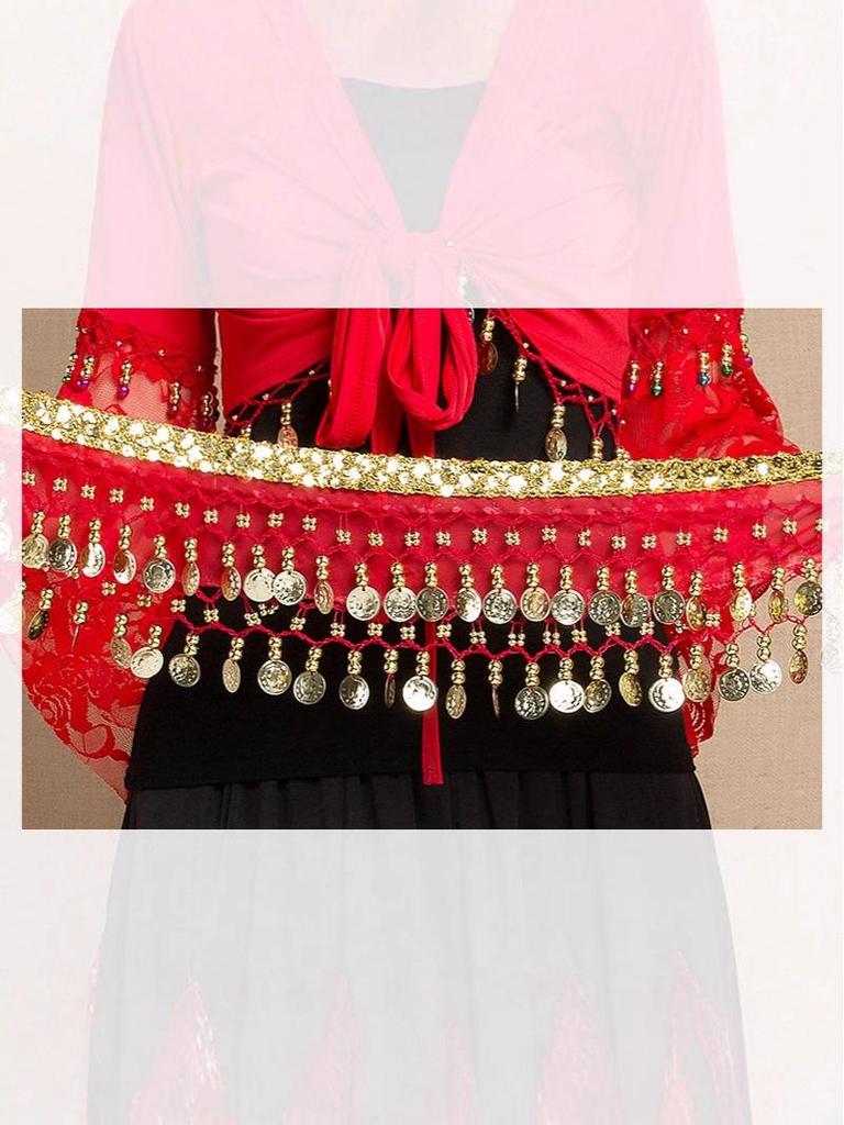 Gold-Edged Indian Dance Hip Scarf with Hanging Coins for Belly and Square Dance Performances