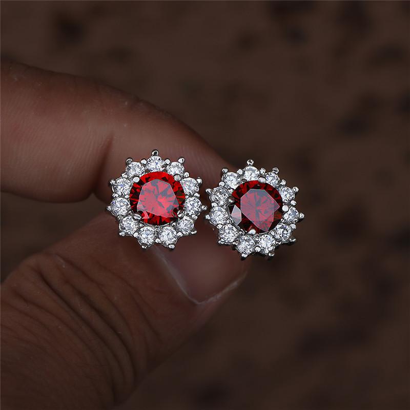 Cute Female Small Red Round Earrings Crystal Stone Fashion Silver Color Wedding Double Stud Earrings For Women