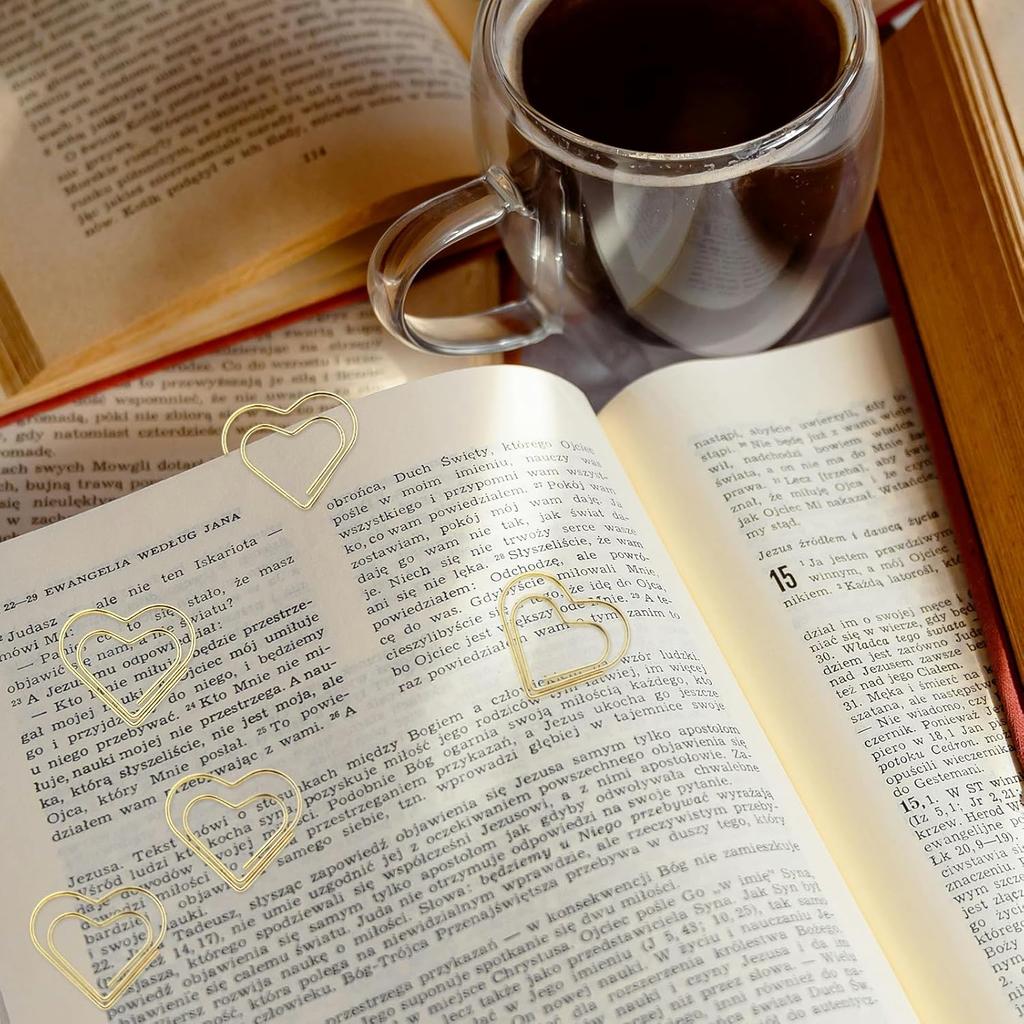 100 Pcs Heart Shaped Paper Clips Cute Decorative Fancy Mini Small Paperclips for Wedding Decoration Office School Home Desk Organizers Supplies Gold