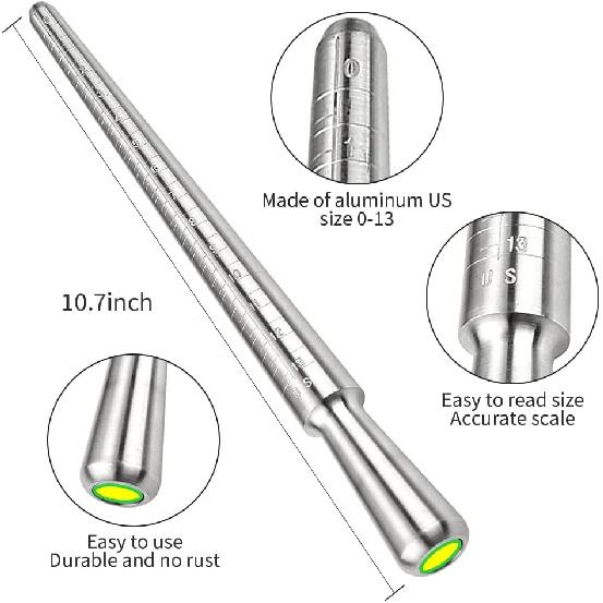 YIEPET Ring Sizing Tool, Metal Mandrel Measuring Rod Ring Mandrel Aluminum with Finger Sizing Steel Ring Sizing Meter Size Rubber Jewelry Hammer