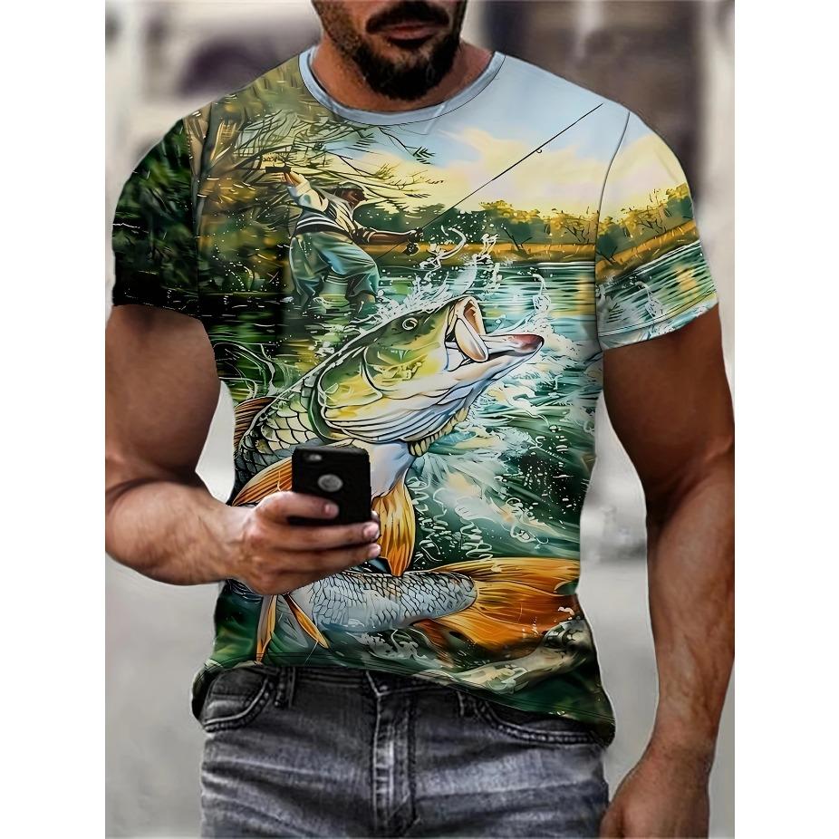 Mens Vibrant Fish Print Casual T-Shirt - Breathable Slight Stretch Polyester Crew Neck Tee for Outdoor Perfect for Summer
