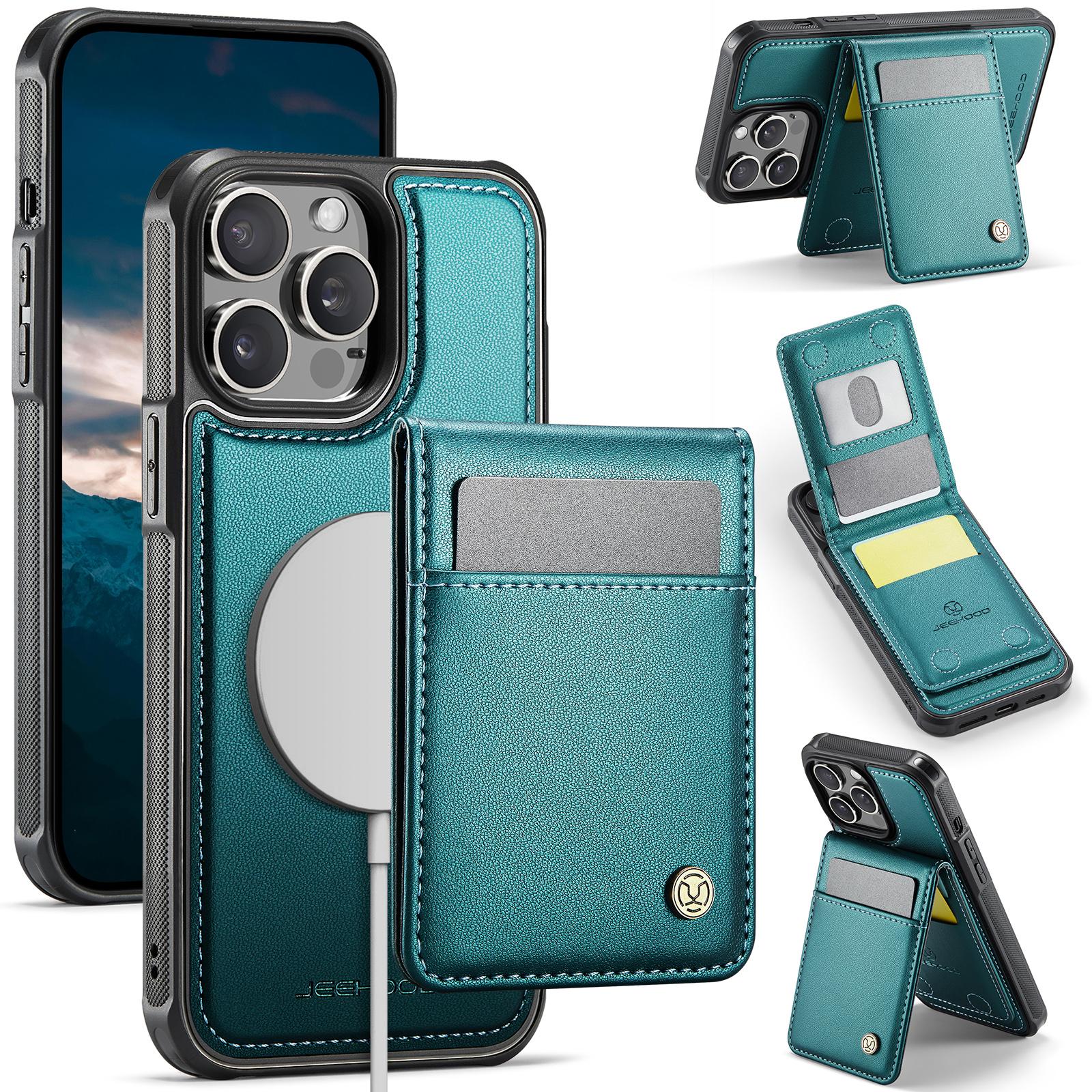 

For iPhone 12 Pro Max 6.7 inch Leather Back Cover Compatible with MagSafe JEEHOOD J06 Phone Case with Card Bag RFID Blocking Blue