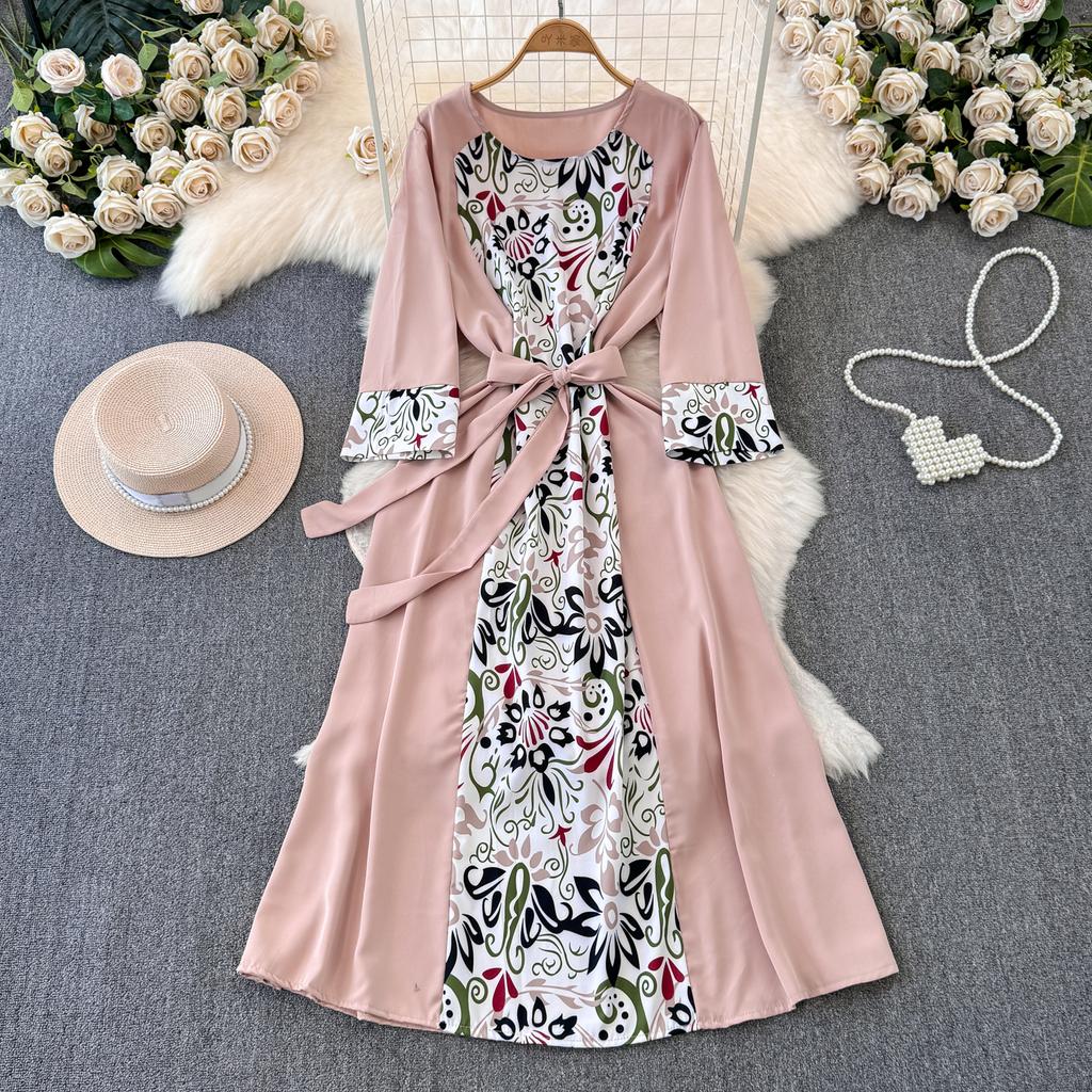 Podzimní Vintage Dámské Tištěné Patchworkové Dlouhé Šaty Elegantní O-Výstřih Vysoký Pas A-Linie Ležérní Maxi Šaty Dámské Sváteční Šaty