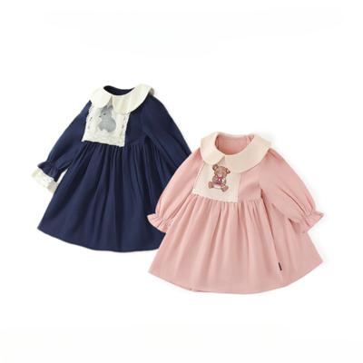 Baby Mädchen Französischer Puppenkragen Kaninchenstickerei Kleid 2024 Herbst Langärmlig Marineblau College-Rock Prinzessinnenstoff