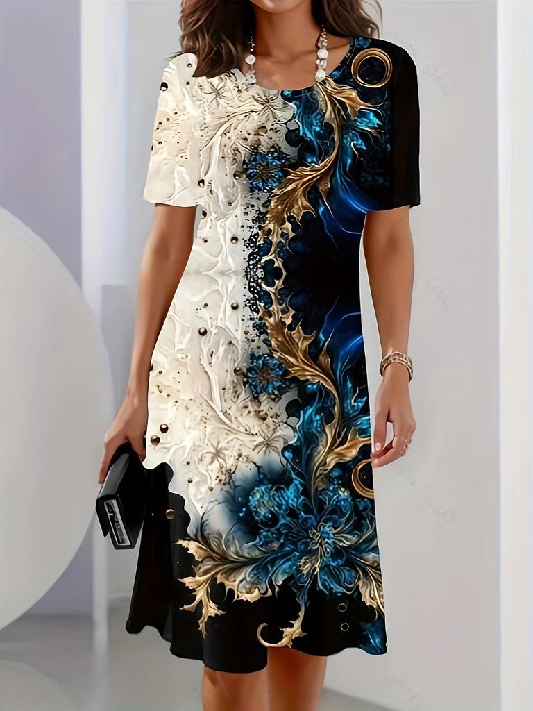 New Summer Flower Pattern Dress 3D Digital Printing Breathable Round Neck Medium and Long Dress Temperament Women's Clothing