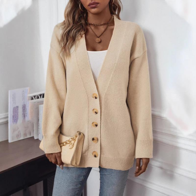 Women European Style Solid Color Single Breasted Thick V Neck Long Sleeve Knit Cardigan Sweater Coat