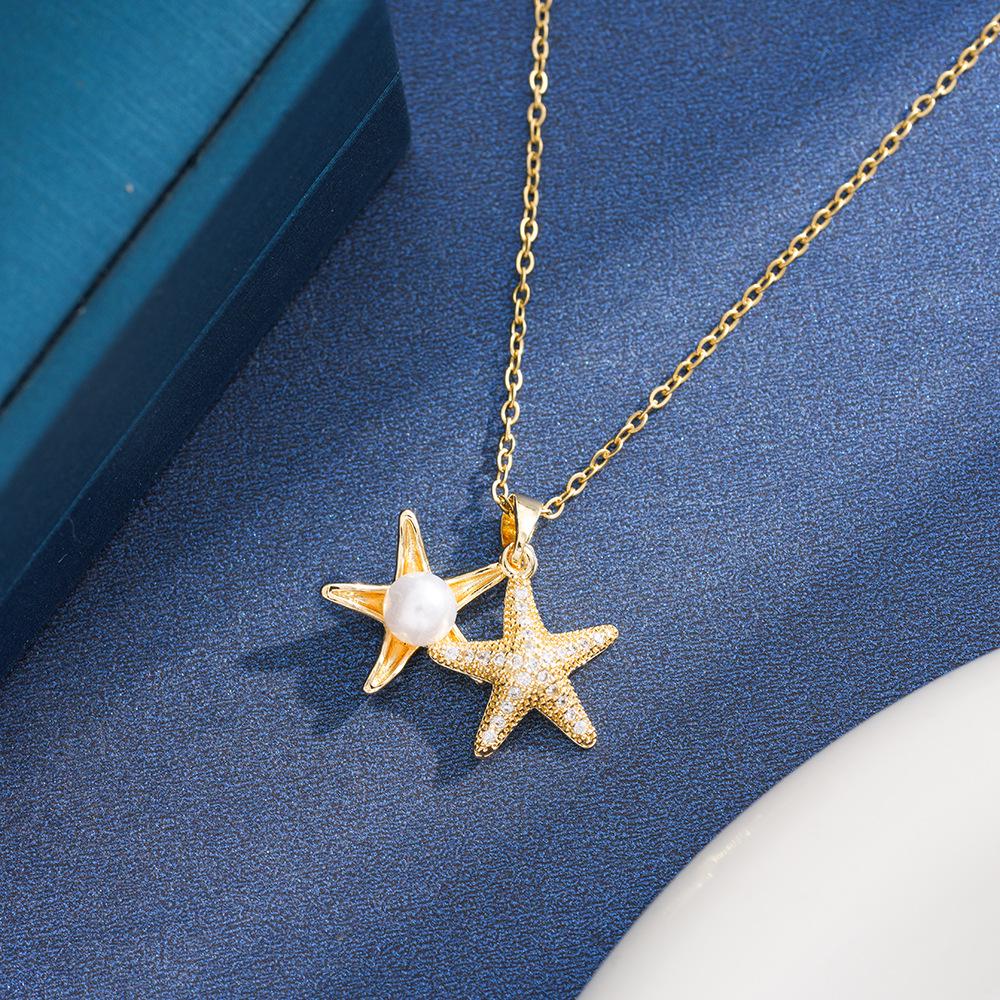 Versatile Starfish Pearl Pendant Necklace - Women s Fashionable Titanium Steel Clavicle Chain