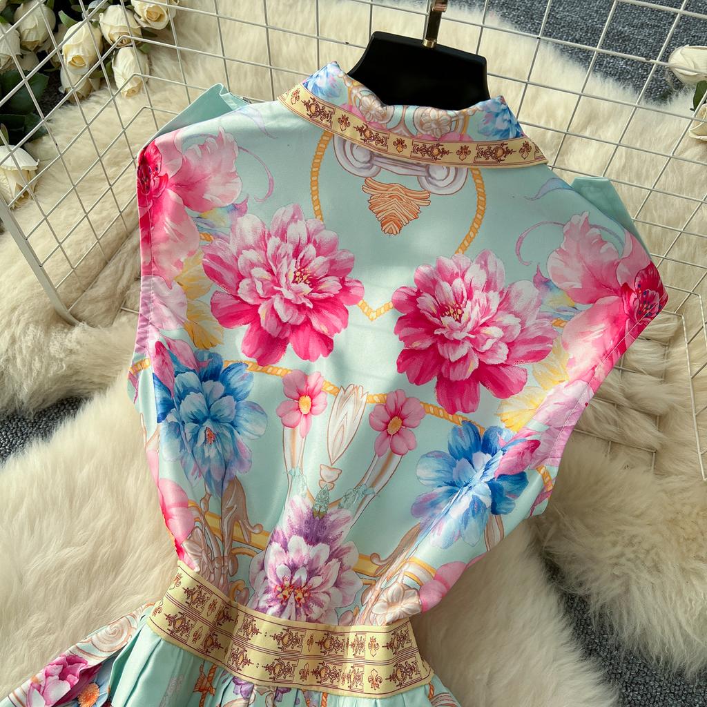 France Elegant Vintage Slim Evening Dress Women Print Button Pleated Long Party Dress Female Casual Chic Holiday Clothing New