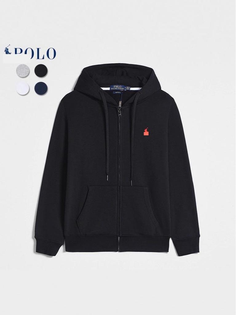 Men's Autumn/Winter Ralph Lauren Embroidered Logo Hooded Sweatshirt with Velvet Lining and Zipper.