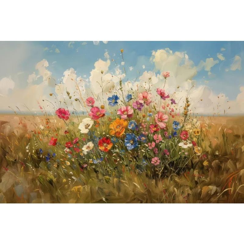 Wildflower Field Cat Sparrow Farm House Painting Posters and Prints Canvas Printing Rustic Retro Wall Art Picture for Home Decor