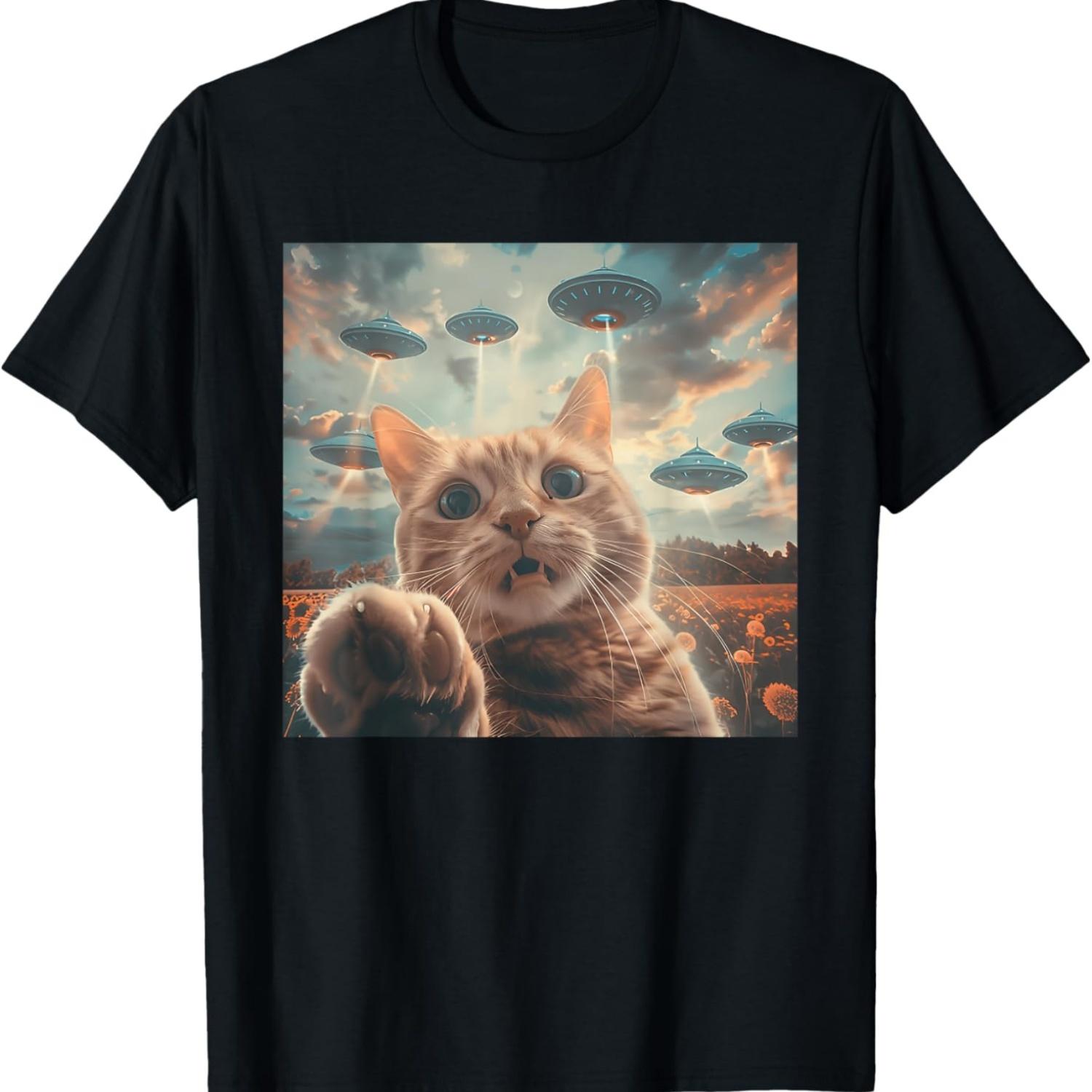 Funny Cat Selfie with UFOs cat meme T-Shirt S