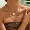 European and American Rhinestone Y-Necklace with Gold Coin Pendant and Clavicle Chain