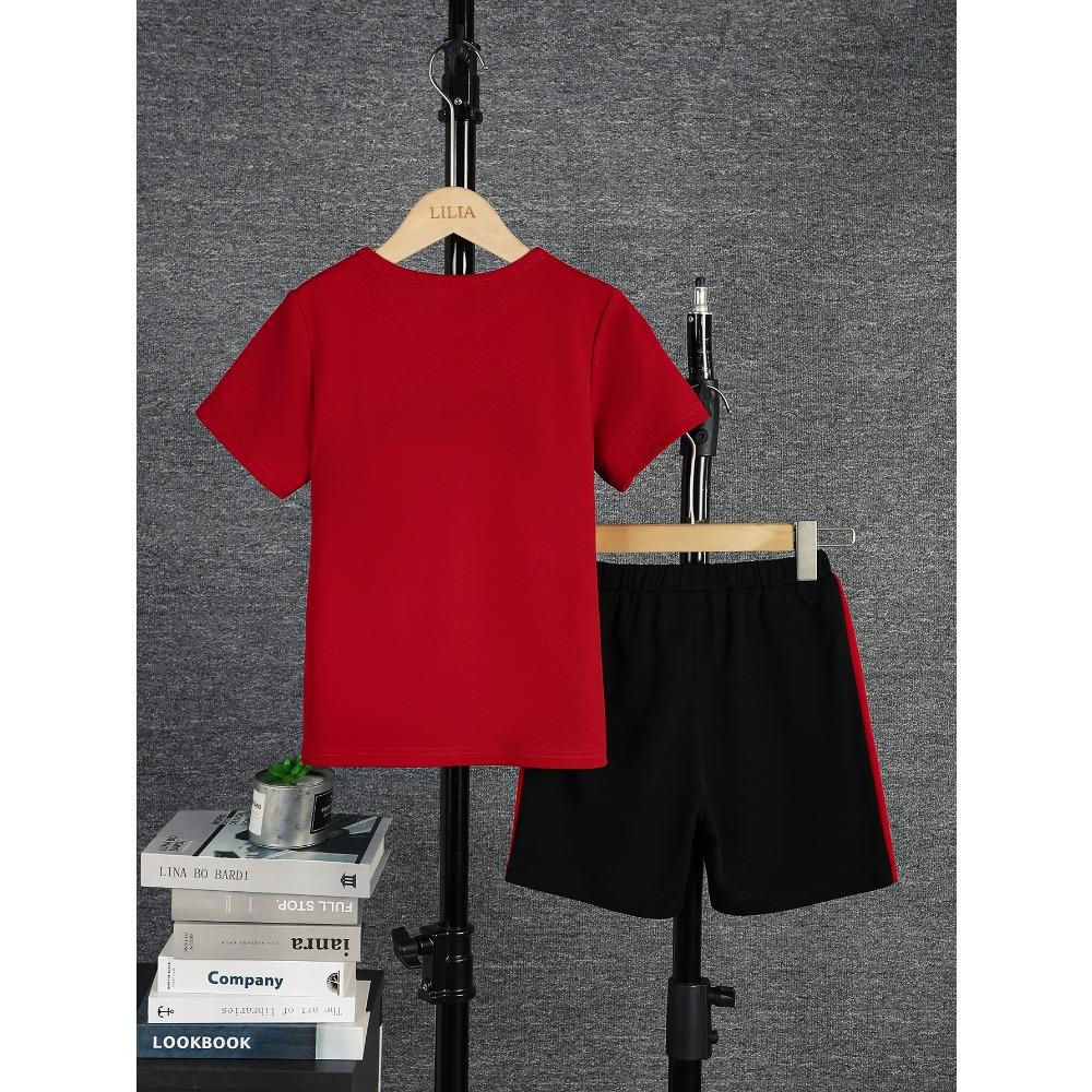 2-teiliges lässiges Colorblock-Set mit kurzärmeligem T-Shirt und Shorts für Jungen, bequeme Sommerkleidung für Kinder