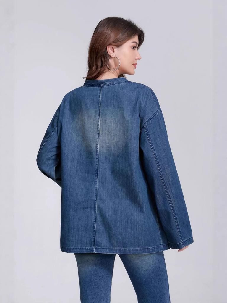 Stylish V-Neck Loose Denim Jacket - Early Autumn Casual Design