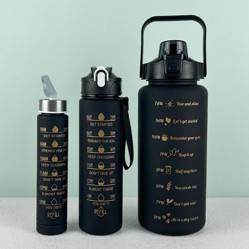 Gradient Color Large-Capacity Frosted Sports Water Bottle with Straw - 3-Piece Set