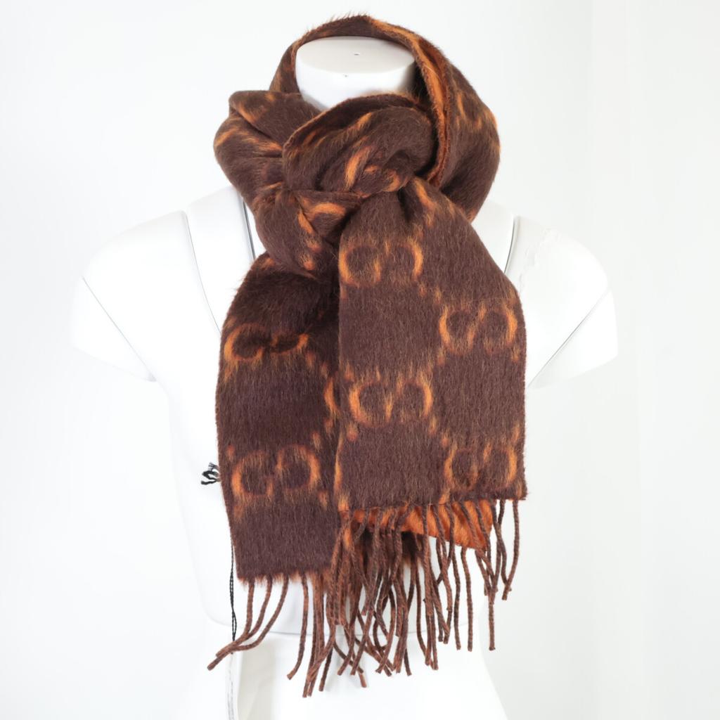 Gucci [Brand new/Domestic Genuine] 537556 4G275 7665 GG Pattern Alpaca Blend Wool Scarf 30 X 196 Cm Black / orangeUsed