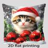 2D Flat Printed 1pc Double-Sided Printed Pillowcase Featuring a Kitten Wearing a Santa Hat, Christmas Ornament, Pine Branches, and Snowy Scene Illustr