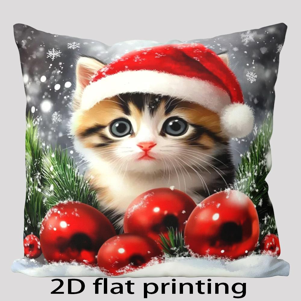 2D Flat Printed 1pc Double-Sided Printed Pillowcase Featuring a Kitten Wearing a Santa Hat, Christmas Ornament, Pine Branches, and Snowy Scene Illustr
