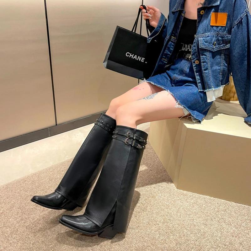 Høstcowboystøvler for kvinner Mote Slip On Lange Pipestøvler Kvinnelige Firkantede Høye Hæler Trend Vintersko