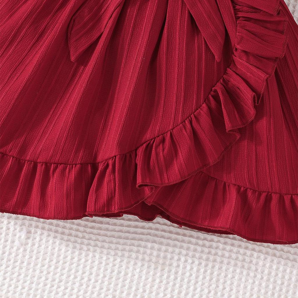 2025 Summer Girls' Solid Color Stripe Ruffle Dress with Belt