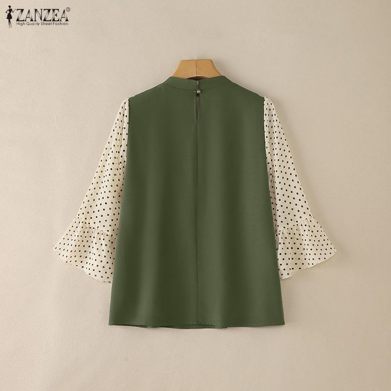ZANZEA Women Casual Round Neck Polka Dot Print Splice 3/4 Sleeve Loose Blouse
