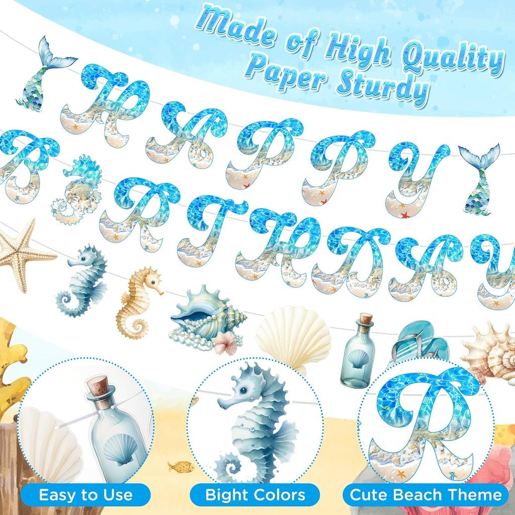 Ocean Beach Birthday Party Decorations Summer Beach Birthday Banner with 13pcs Nautical Seashell Seahorse Hanging Swirls for Coastal Beach Pool Party